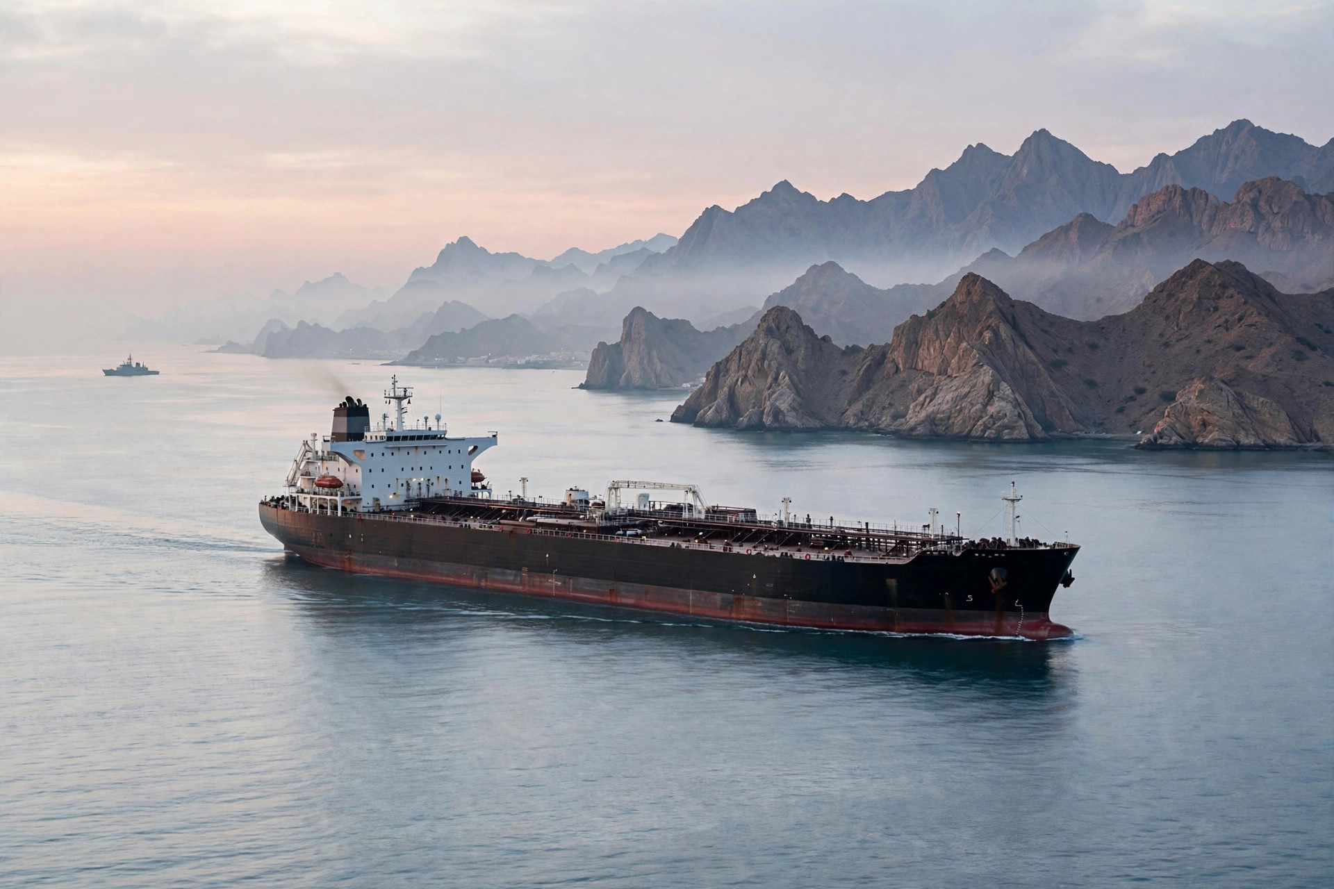 A large oil supertanker transiting the Strait of Hormuz at dawn with a naval patrol vessel on the distant horizon