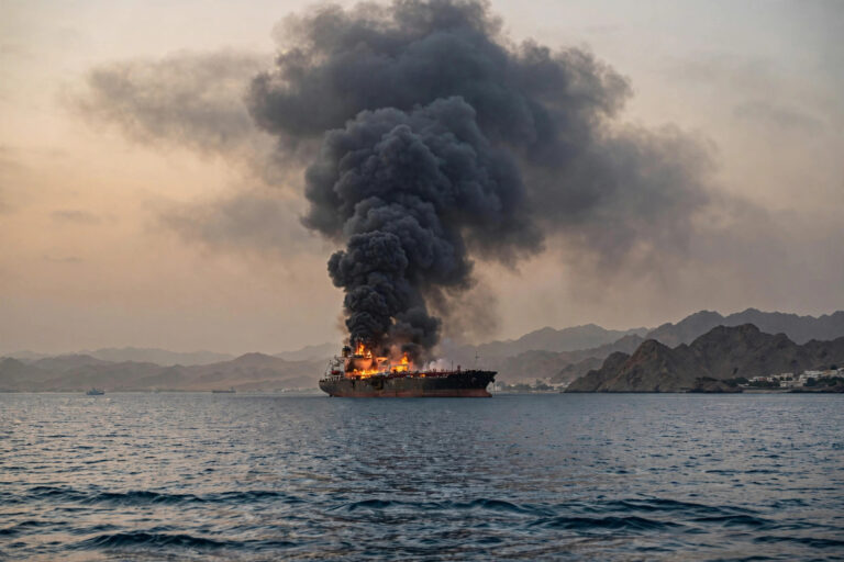 Oil supertanker engulfed in flames and black smoke in the Strait of Hormuz after striking a naval mine