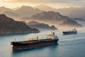 Oil tankers passing through the Strait of Hormuz at dawn with mountains in the background
