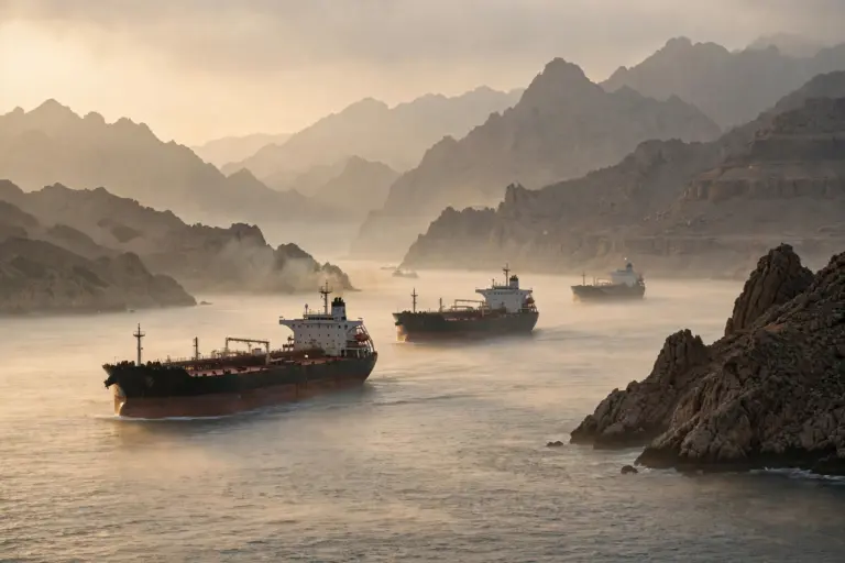 Large oil tankers sailing through the Strait of Hormuz at dawn with rugged coastline in the background