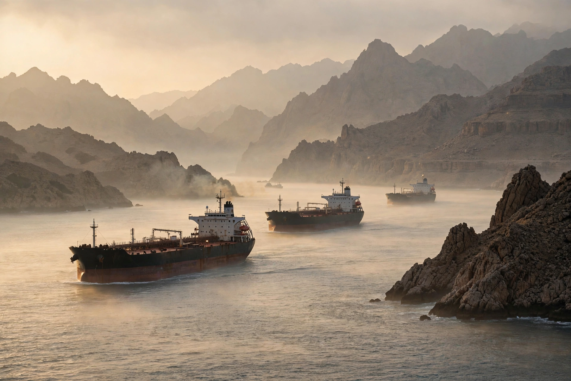 Large oil tankers sailing through the Strait of Hormuz at dawn with rugged coastline in the background