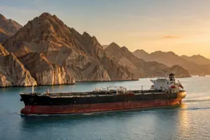 A large crude oil tanker sailing through the Strait of Hormuz at golden hour with Oman's mountains in the background