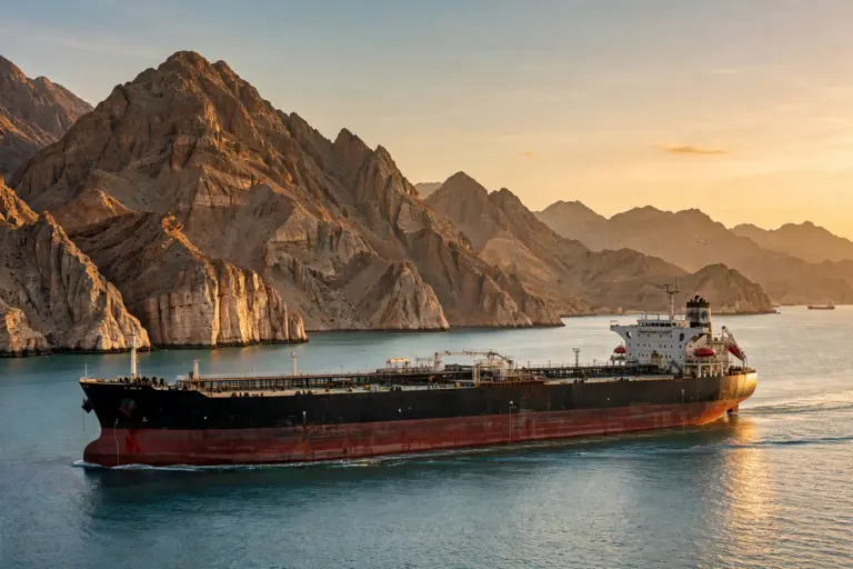 A large crude oil tanker sailing through the Strait of Hormuz at golden hour with Oman's mountains in the background