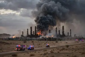 Flames and black smoke rise from an Aramco oil refinery south of Riyadh, Saudi Arabia, October 3, 2026