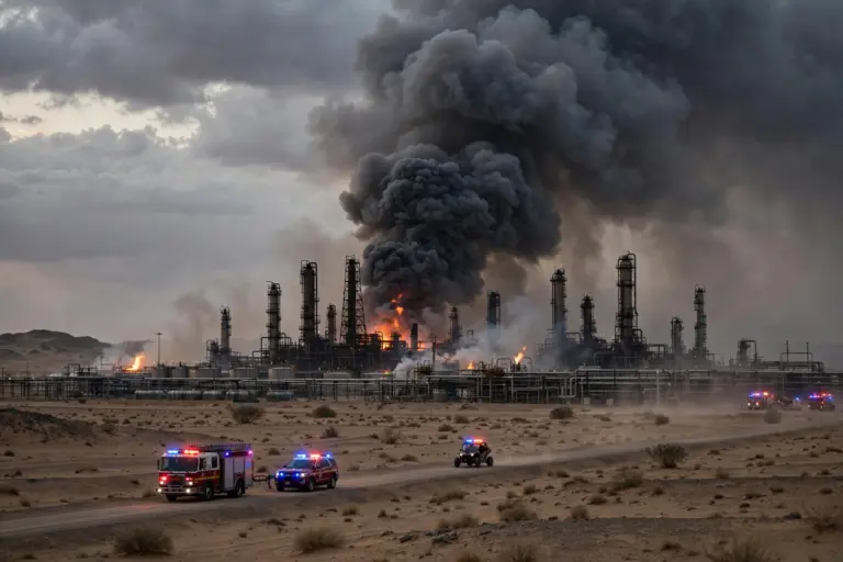 Flames and black smoke rise from an Aramco oil refinery south of Riyadh, Saudi Arabia, October 3, 2026