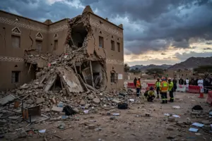 Houthi missile strike damage near a school in Najran, Saudi Arabia