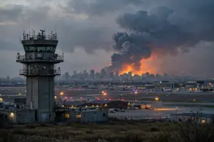 Smoke rising over an airport control tower and Riyadh city skyline at dusk