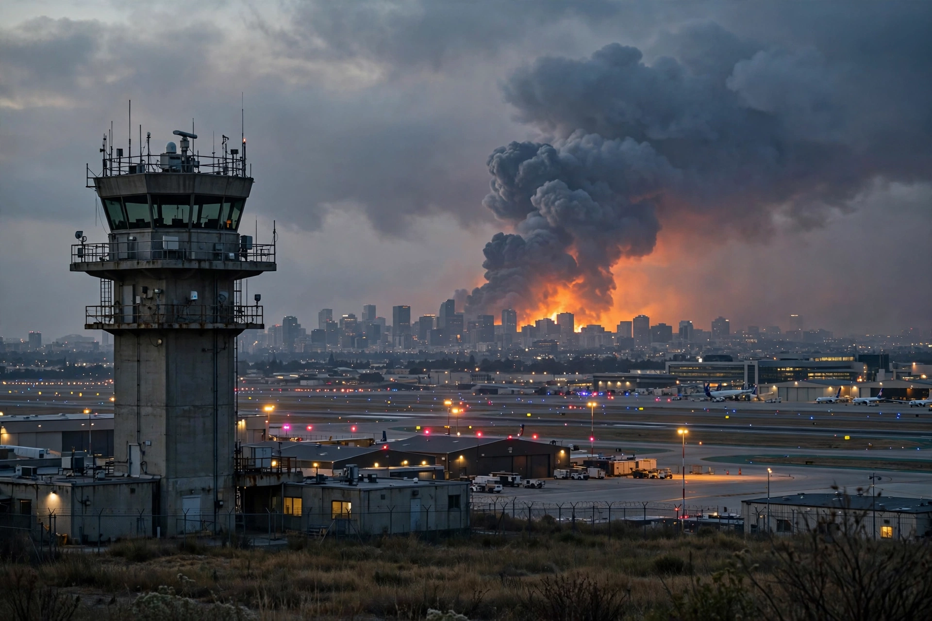 Smoke rising over an airport control tower and Riyadh city skyline at dusk