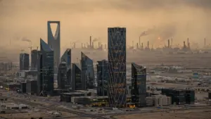 Riyadh financial district skyscrapers at dusk amid IMF's forecast of a 3.3% Saudi economic contraction