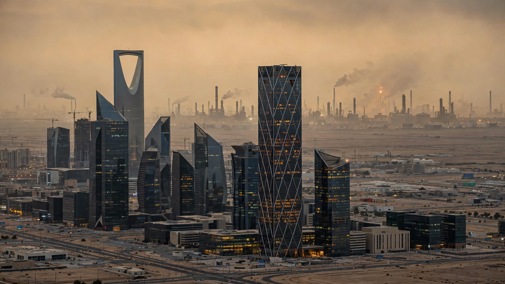 Riyadh financial district skyscrapers at dusk amid IMF's forecast of a 3.3% Saudi economic contraction