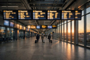 Empty departure hall at dusk with travelers and glowing departure boards as Indian carriers extend Saudi flight suspensions