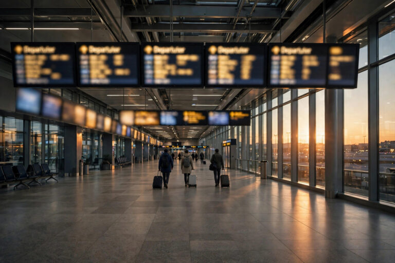 Empty departure hall at dusk with travelers and glowing departure boards as Indian carriers extend Saudi flight suspensions