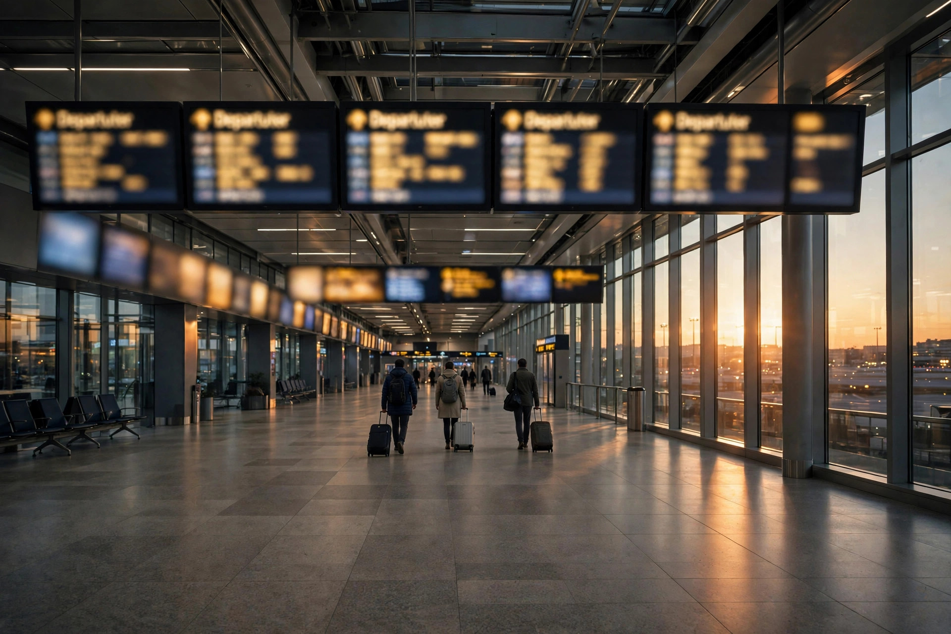 Empty departure hall at dusk with travelers and glowing departure boards as Indian carriers extend Saudi flight suspensions