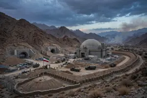 Iranian nuclear facility fortified with earth barriers at dusk, Iran preparing defenses ahead of possible renewed US strikes