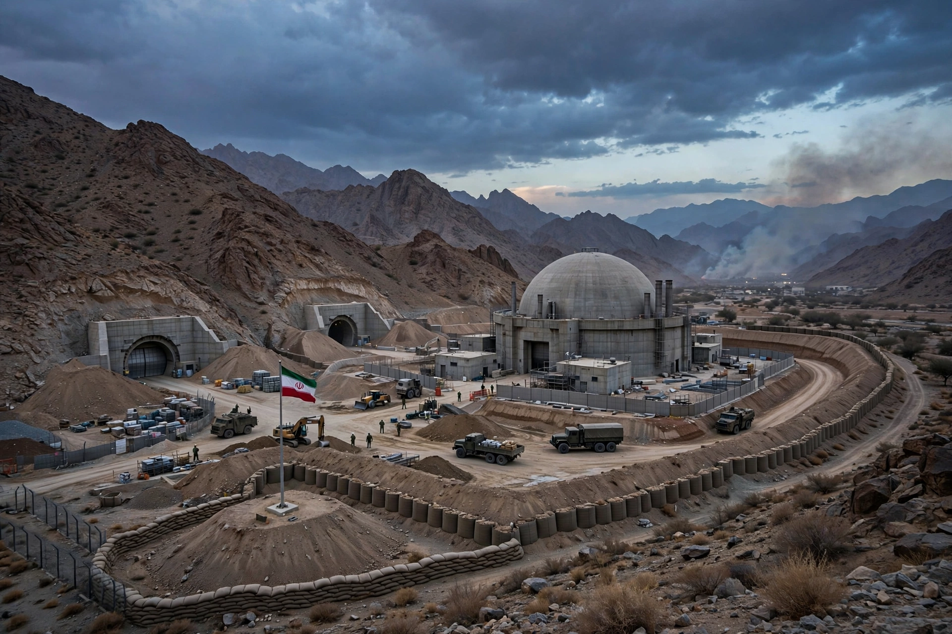 Iranian nuclear facility fortified with earth barriers at dusk, Iran preparing defenses ahead of possible renewed US strikes
