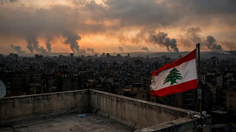 Lebanese flag flying over Beirut's southern suburbs at dusk with smoke columns rising on the horizon