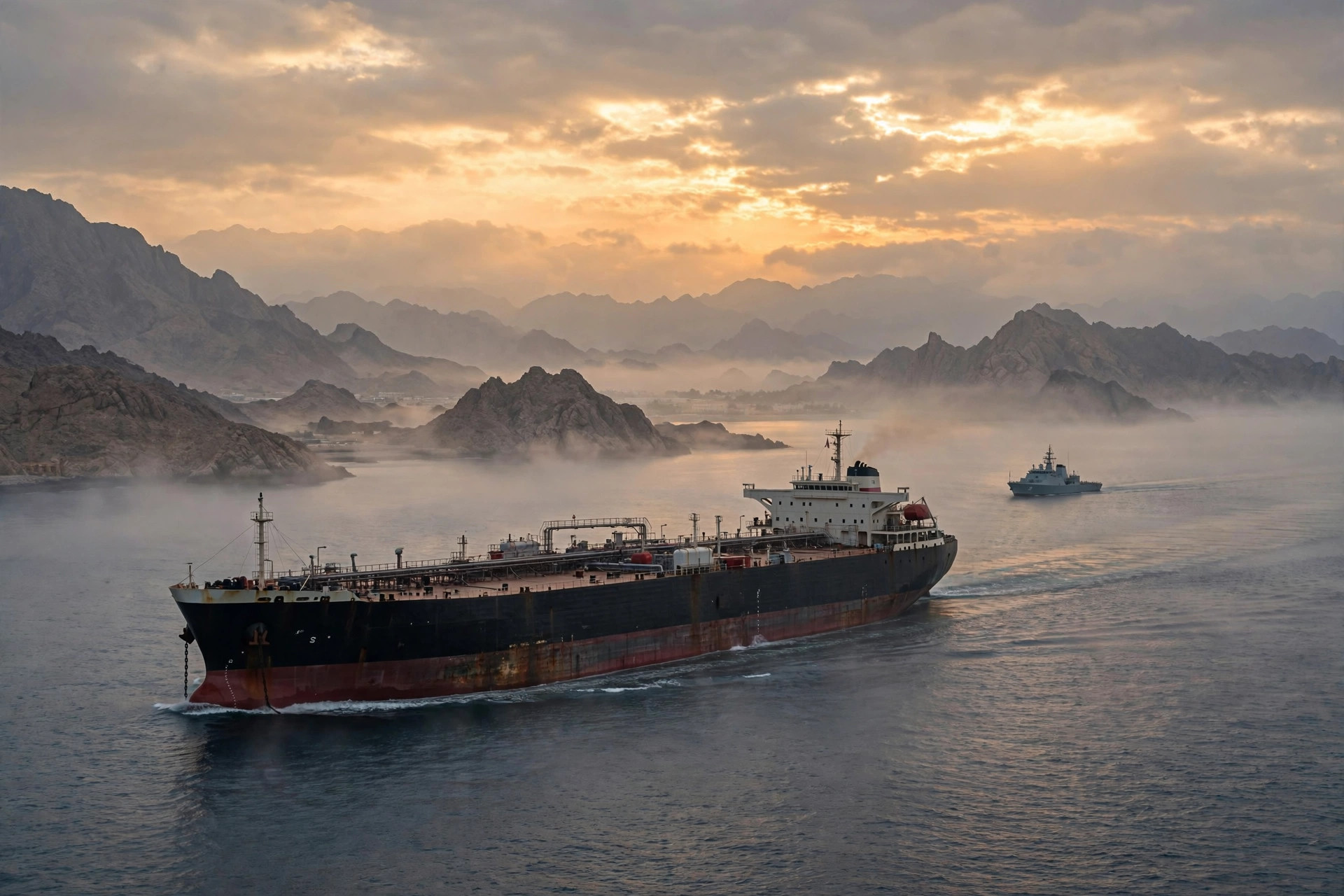 An oil supertanker transiting the Strait of Hormuz at dawn with a naval patrol vessel nearby