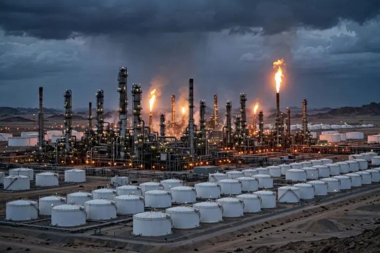Oil refinery with flare stacks and storage tanks at dusk, symbolising Iran's energy sector