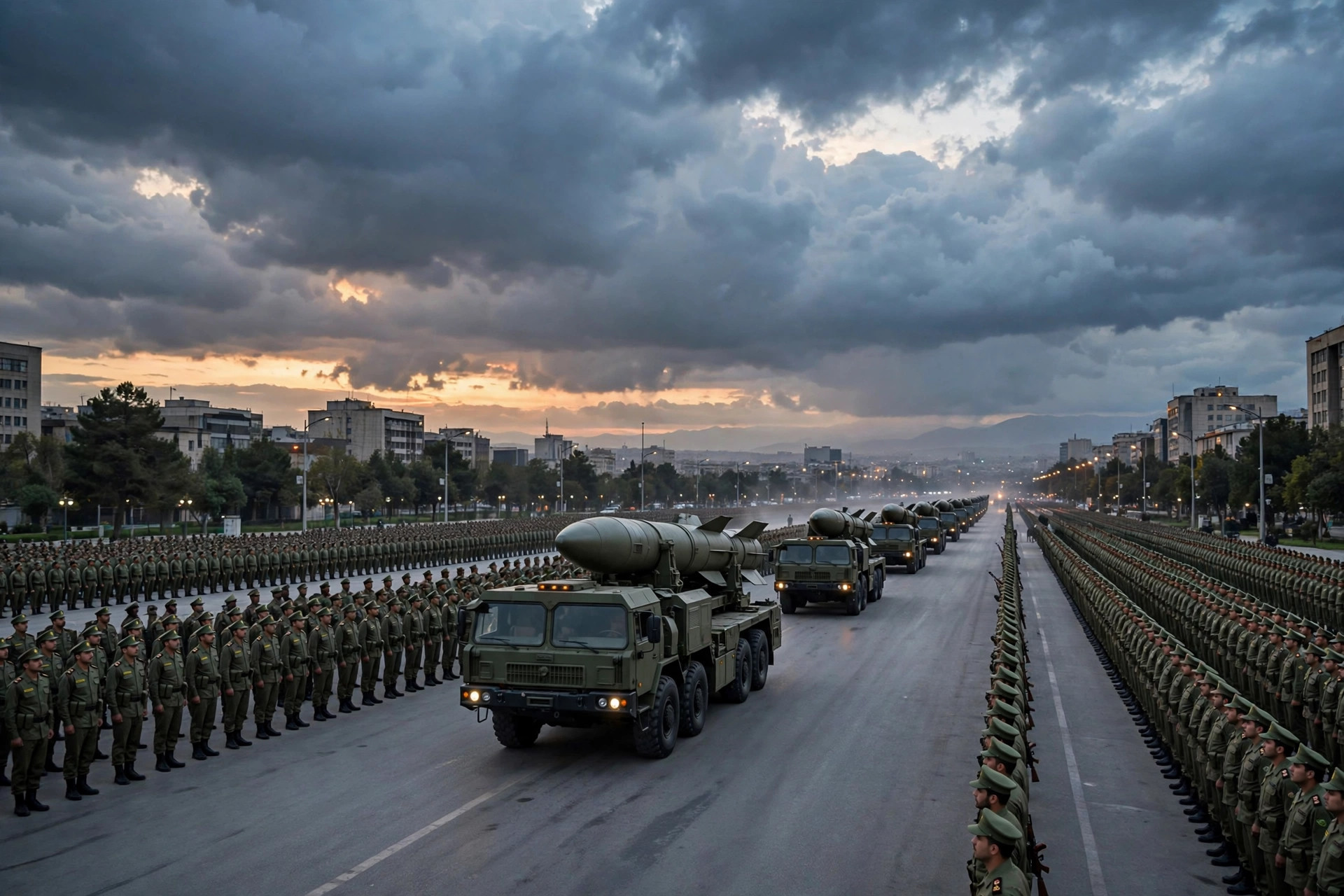 IRGC military parade with ballistic missiles on trucks in Tehran, Iran