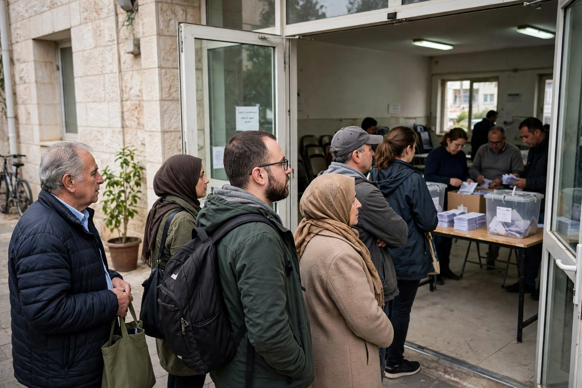 Voters queue outside a polling station in Israel on election day as officials count ballots