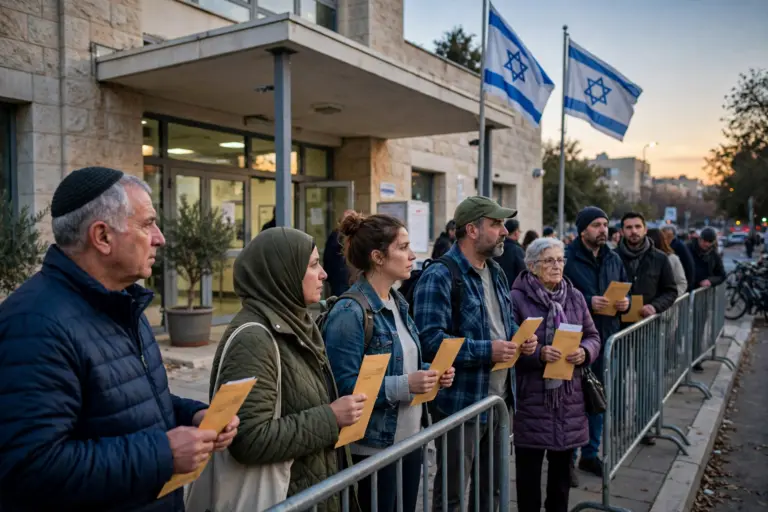 Voters queue outside a polling station in Israel on election day, 27 October 2026