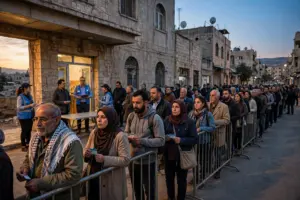 Voters queue outside a polling station in Israel on election day, 27 October 2026