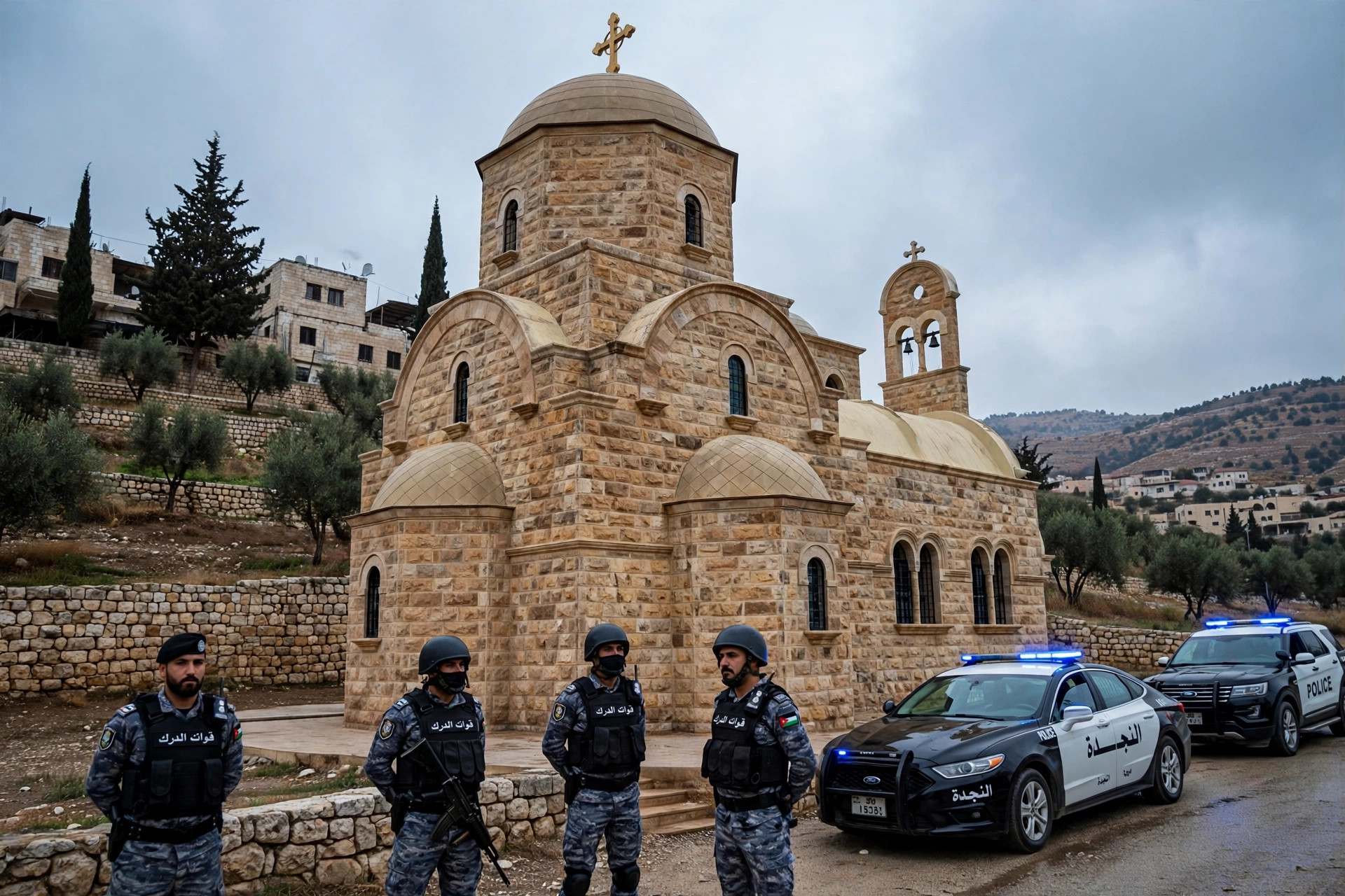 Jordanian security forces stand guard outside a stone Greek Orthodox church in Karak, Jordan, after gunmen opened fire during a funeral