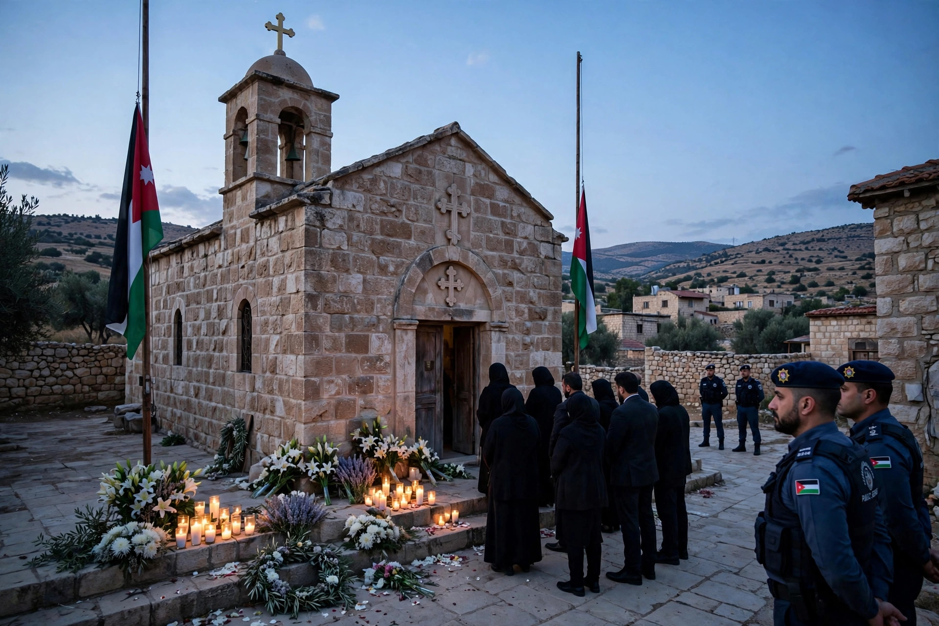 Mourners gather outside St George's Greek Orthodox Church in Hamoud, Karak, Jordan, as funerals are held for the victims of the church attack