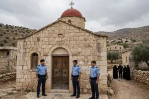 Jordanian police officers standing guard outside a stone Greek Orthodox church in Karak, Jordan, after a deadly attack on a church funeral
