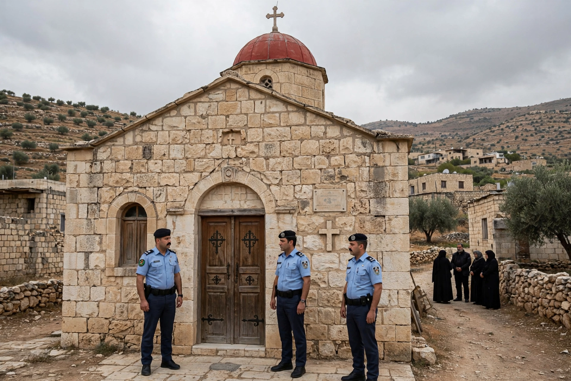 Jordanian police officers standing guard outside a stone Greek Orthodox church in Karak, Jordan, after a deadly attack on a church funeral