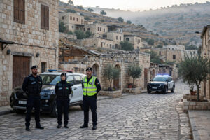Jordanian police vehicles and officers on a stone-built street in a historic hill town in southern Jordan at dawn