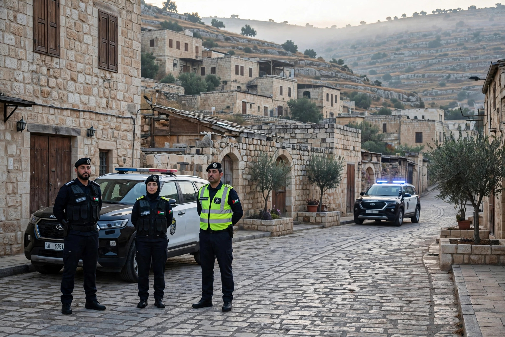 Jordanian police vehicles and officers on a stone-built street in a historic hill town in southern Jordan at dawn