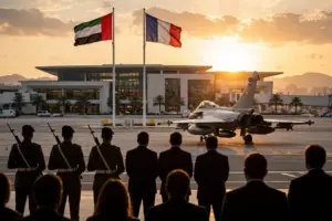Dassault Rafale fighter jet on the tarmac in Abu Dhabi as UAE and French flags fly during President Emmanuel Macron's official visit, October 2026