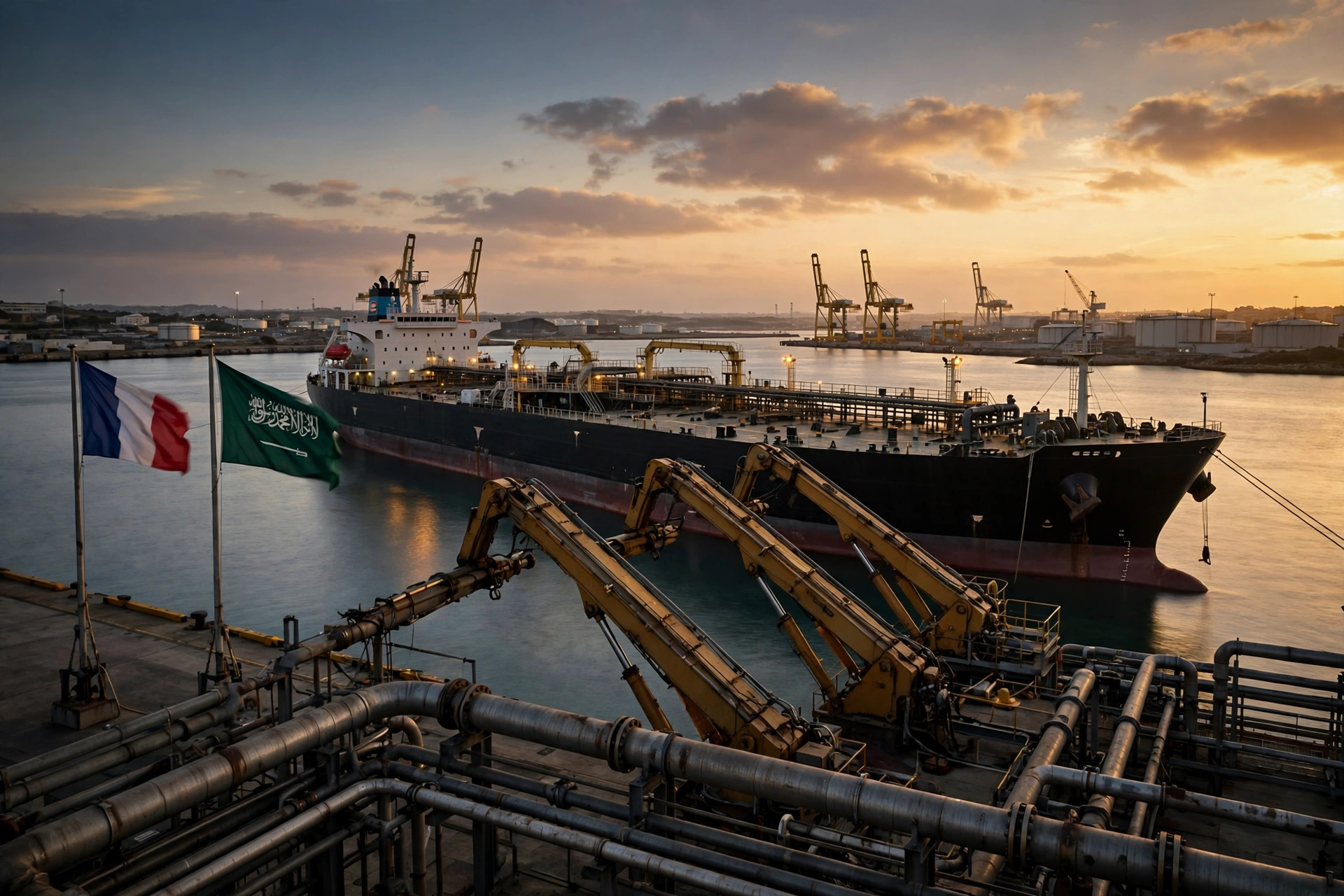 Fuel tanker docked at a Gulf oil terminal under French and Saudi flags, symbolizing France's Gulf diesel supply deals