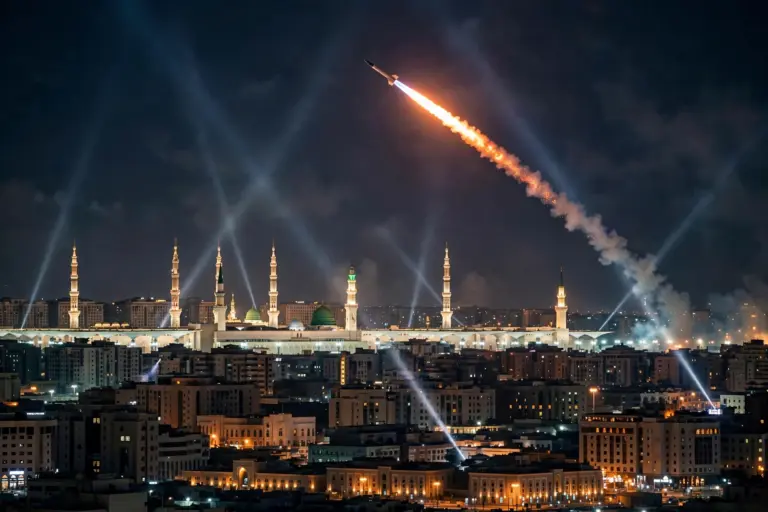 Interceptor missile streak lights up the night sky over Madinah, Saudi Arabia, near the illuminated minarets of the Prophet's Mosque