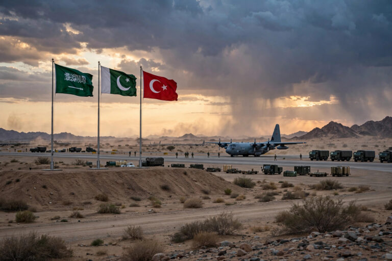 Military transport aircraft and soldiers on a desert airbase as Pakistan and Türkiye deploy forces to Saudi Arabia under the Makkah Defence Alliance