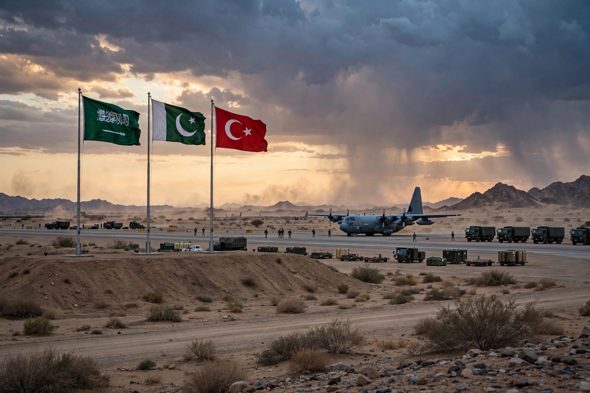 Military transport aircraft and soldiers on a desert airbase as Pakistan and Türkiye deploy forces to Saudi Arabia under the Makkah Defence Alliance
