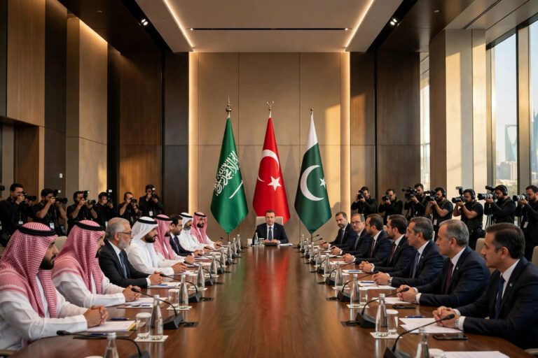 Senior officials of Saudi Arabia, Turkey and Pakistan seated around a conference table at the Makkah Defence Alliance committee meeting in Riyadh on October 5, 2026