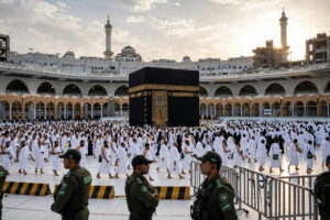 Saudi security personnel patrol near the Kaaba at the Grand Mosque in Makkah as pilgrims gather in the courtyard.