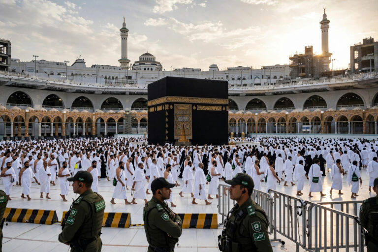 Saudi security personnel patrol near the Kaaba at the Grand Mosque in Makkah as pilgrims gather in the courtyard.