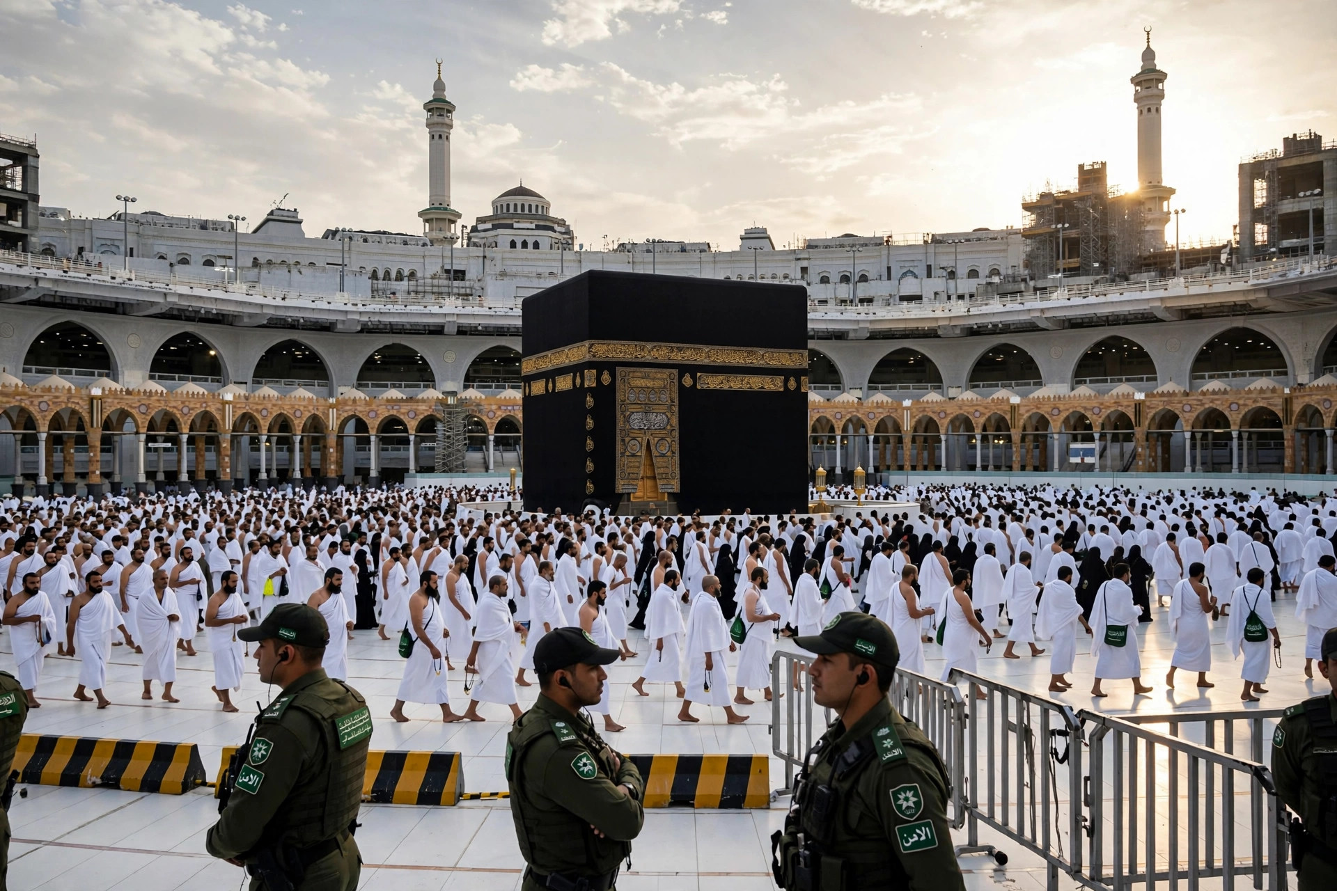 Saudi security personnel patrol near the Kaaba at the Grand Mosque in Makkah as pilgrims gather in the courtyard.