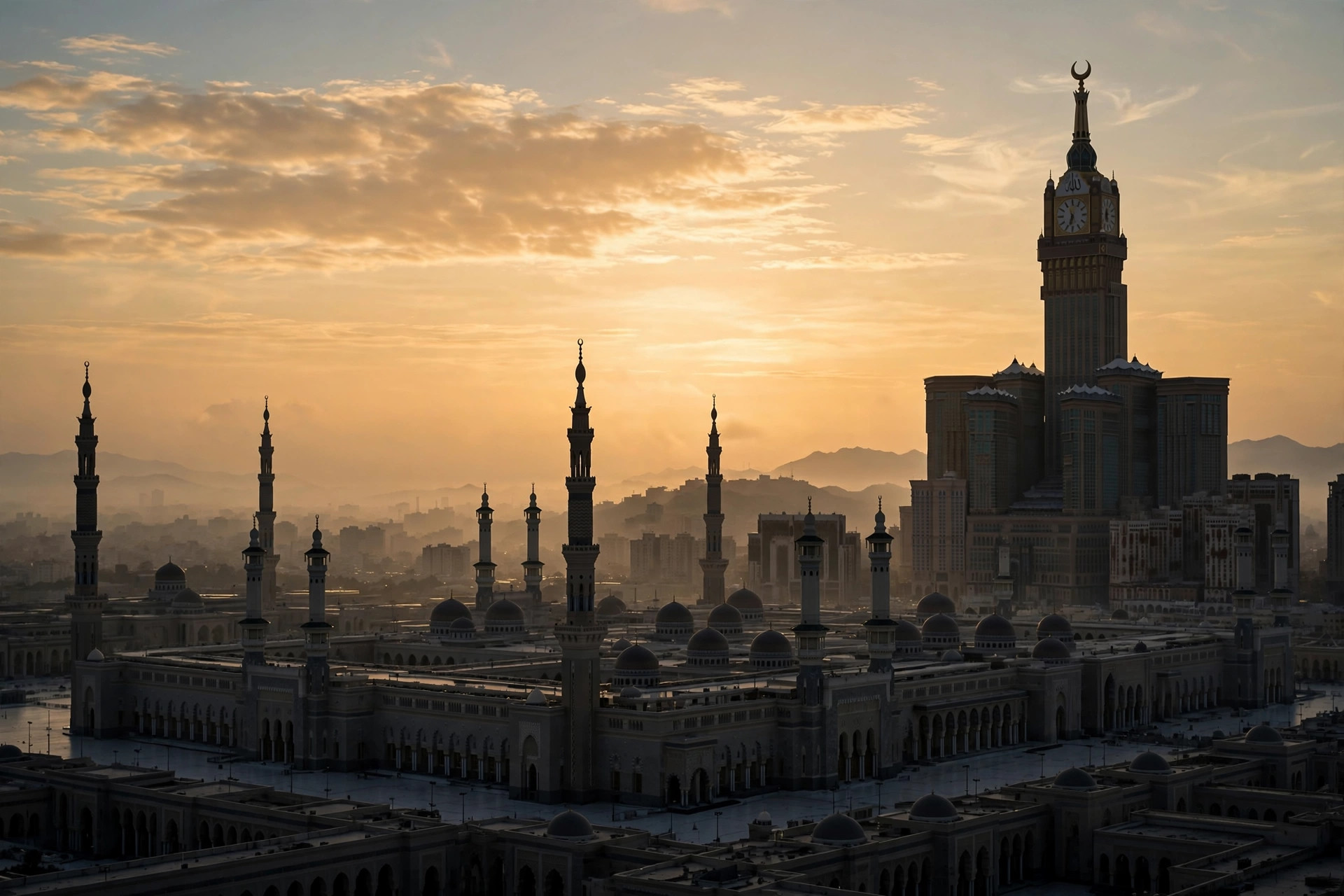 A grand mosque in Makkah at dawn