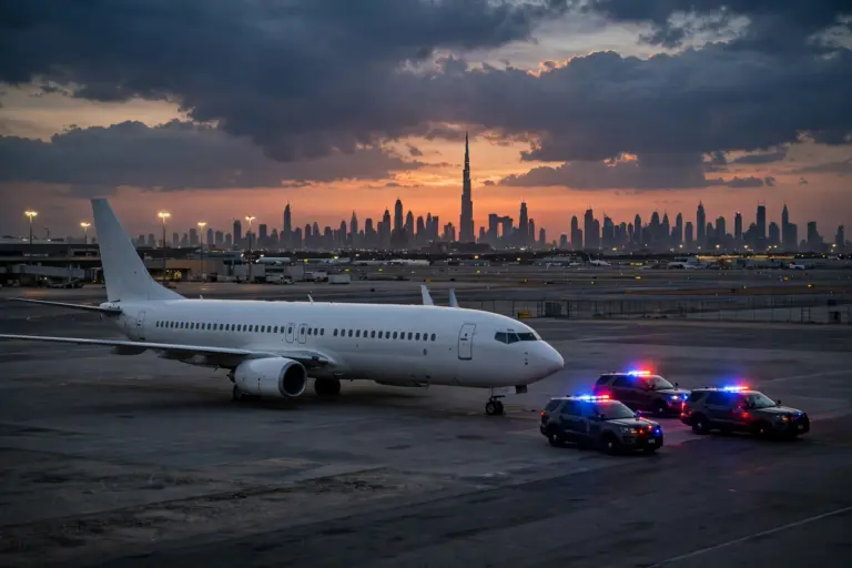 Passenger airliner on a Gulf airport tarmac at dusk with police vehicles nearby amid the FZ1073 hijack investigation