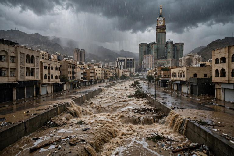 Flood channel in Mecca filled with rushing floodwater during heavy rain, with the Abraj Al Bait Clock Tower visible under dark storm clouds
