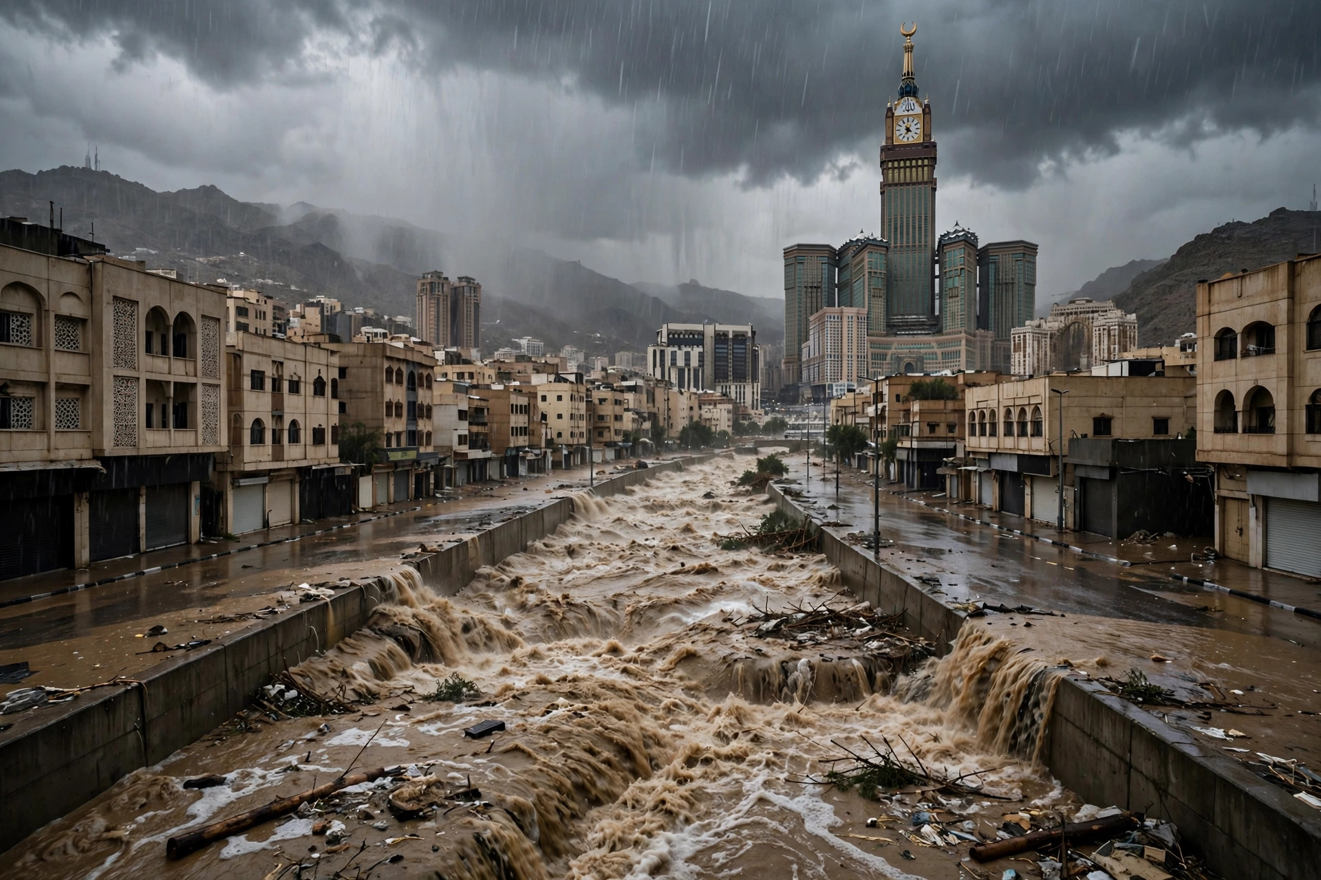 Flood channel in Mecca filled with rushing floodwater during heavy rain, with the Abraj Al Bait Clock Tower visible under dark storm clouds