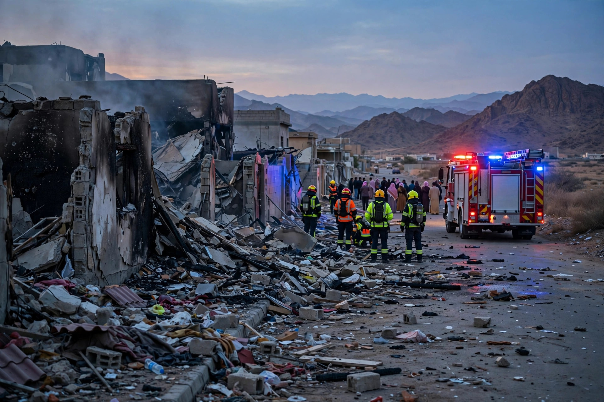 Damaged residential street in Najran, Saudi Arabia, after a Houthi projectile strike, with civil-defense crews and smoke at dusk