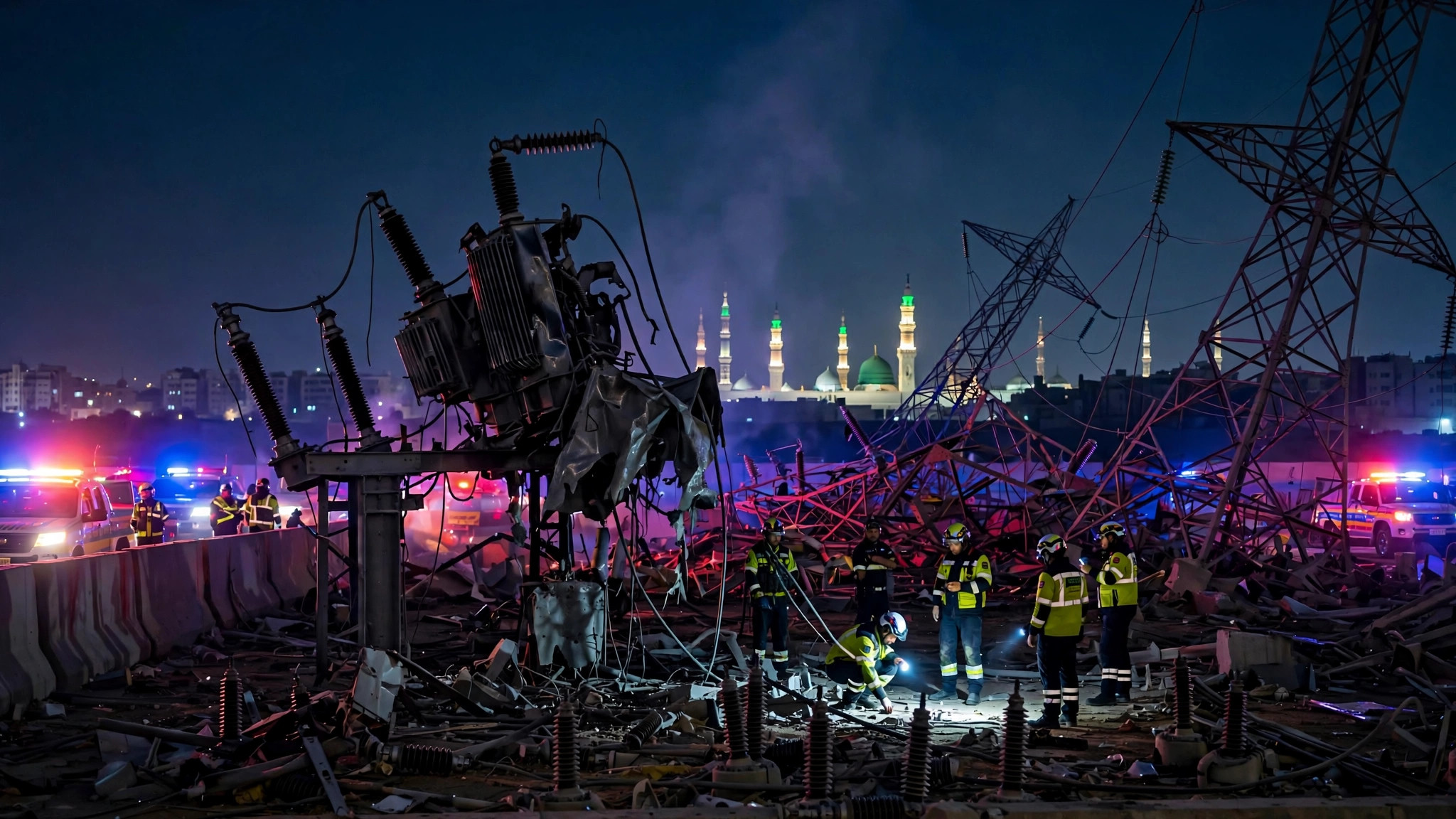 Damaged Taiba power station transformers in Medina at night with emergency crews and the Prophet's Mosque minarets in the distance