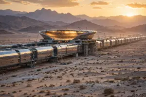 Concept view of the NEOM Stadium, the elevated futuristic arena planned inside The Line on Saudi Arabia's Red Sea coast, reportedly shelved indefinitely ahead of the 2034 FIFA World Cup.