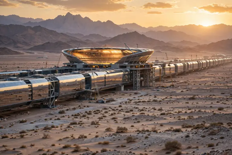 Concept view of the NEOM Stadium, the elevated futuristic arena planned inside The Line on Saudi Arabia's Red Sea coast, reportedly shelved indefinitely ahead of the 2034 FIFA World Cup.