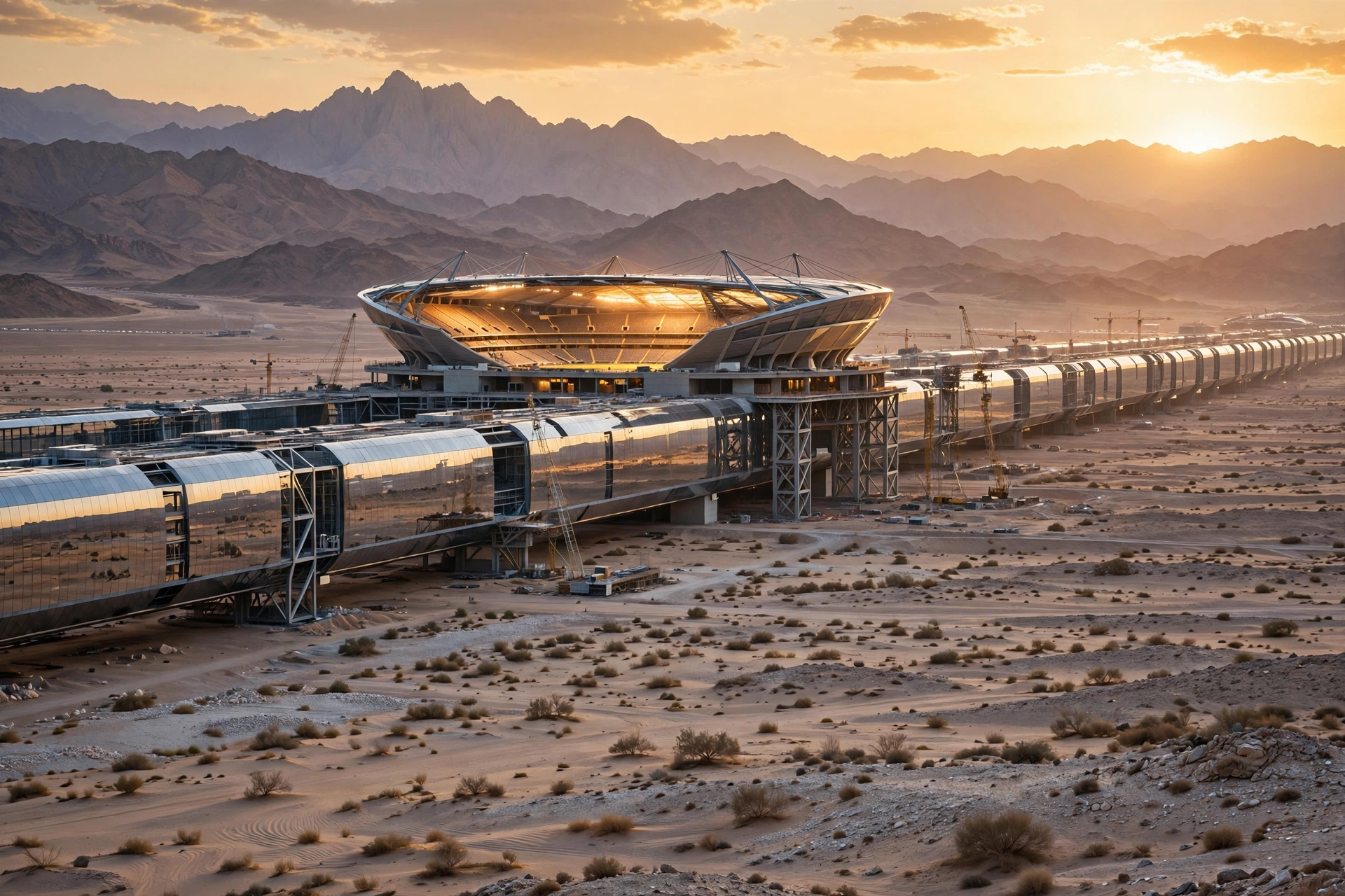 Concept view of the NEOM Stadium, the elevated futuristic arena planned inside The Line on Saudi Arabia's Red Sea coast, reportedly shelved indefinitely ahead of the 2034 FIFA World Cup.